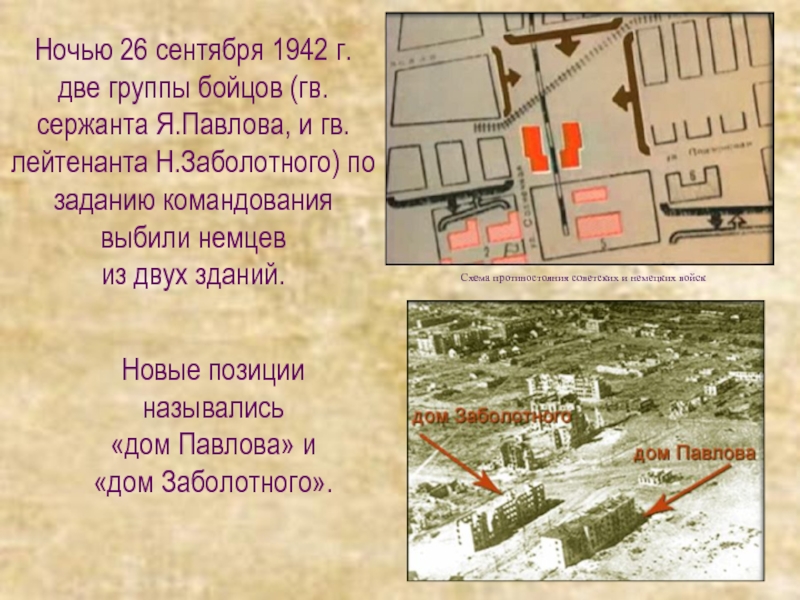 Новые позиции назывались«дом Павлова» и «дом Заболотного».Ночью 26 сентября 1942 г. две группы бойцов (гв.сержанта Я.Павлова, и