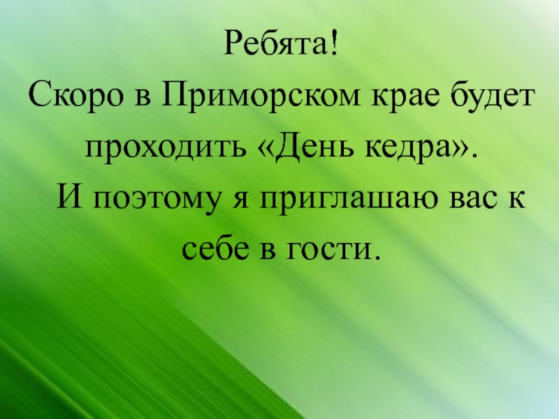 Ребята! Скоро в Приморском крае будет проходить «День кедра».  И поэтому я приглашаю вас к себе
