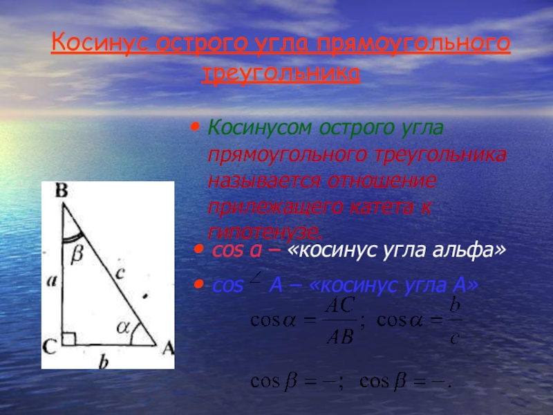 Косинус отношение к гипотенузе. Косинус угла в прямоугольном треугольнике. Косинус в треугольнике это отношение. Косинус угла Альфа. Косинус угла Альфа в прямоугольном треугольнике.