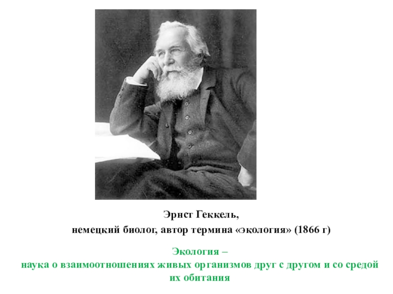 Эрнст Геккель, немецкий биолог, автор термина «экология» (1866 г)Экология – наука о взаимоотношениях живых организмов друг с