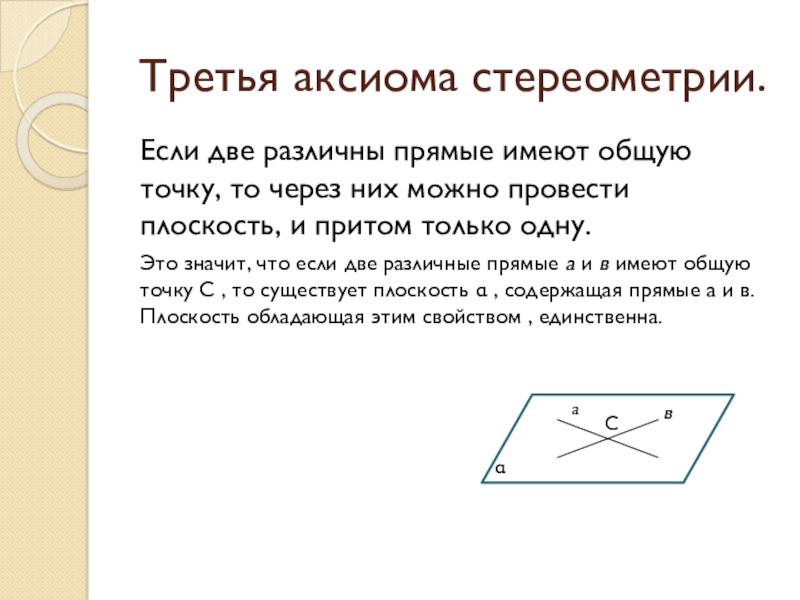 Существует три различные прямые. Третья Аксиома стереометрии. Различные прямые. Если прямая и плоскость имеют две Общие точки то они. Если прямая имеет с плоскостью две Общие точки то.