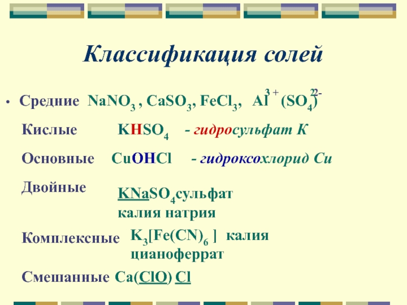 Классификация солейСредние NaNO3 , CaSO3, FeCl3,Кислые ОсновныеДвойныеКомплексныеAl(SO4)3 +32-2НSO4K- гидросульфат К CuOHCl- гидроксохлорид CuKNaSO4сульфат калия натрияK3[Fe(CN)6 ] калия
