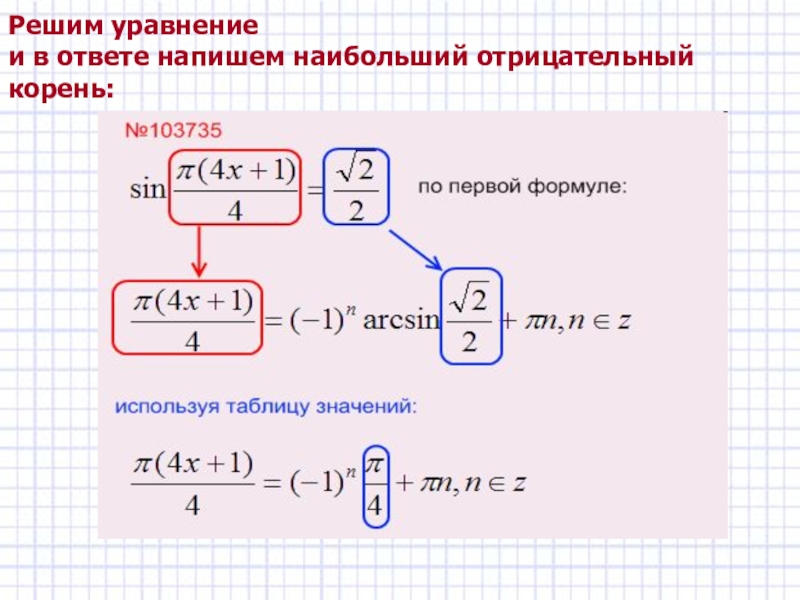 Решим уравнение и в ответе напишем наибольший отрицательный корень: