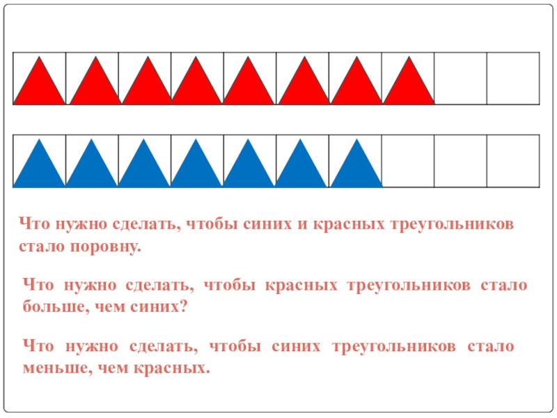 Что нужно сделать, чтобы синих и красных треугольников стало поровну.Что нужно сделать, чтобы красных треугольников стало больше,