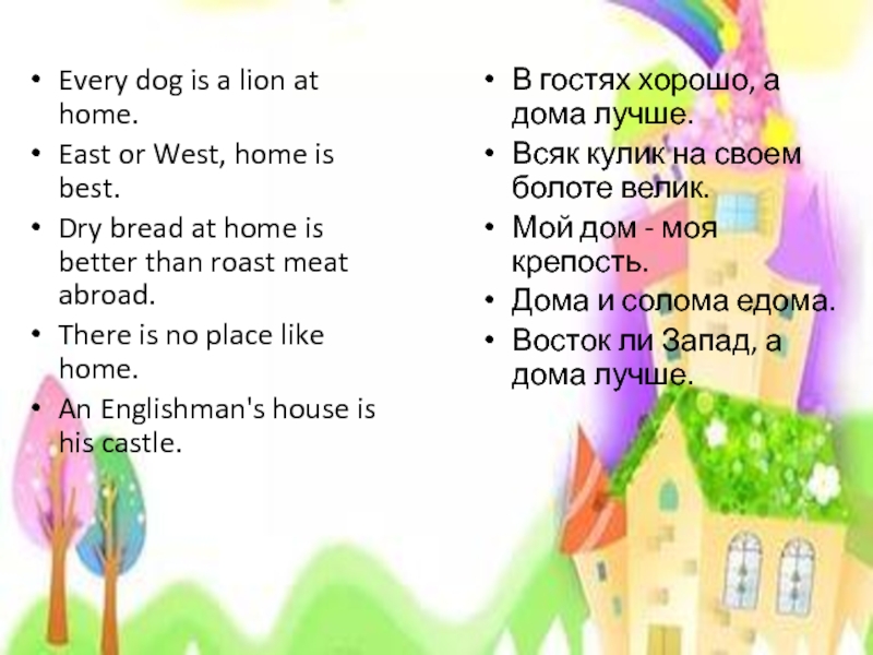 Every dog is a lion at home.East or West, home is best.Dry bread at home is better