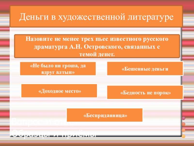 ВикторинаВопрос и ответ Образцы и приёмыДеньги в художественной литературеНазовите не менее трех пьес известного русского драматурга А.Н.