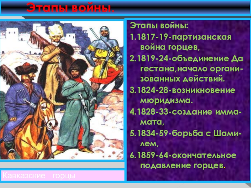 Причина кавказской. Партизанская война Горцев 1817-1819. Презентация Кавказская война 1817 1864 презентация. Этапы кавказской войны 1817. 1817 — Начало кавказской войны.