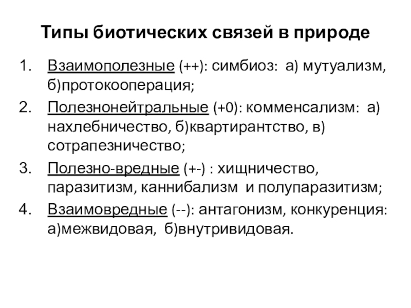 Типы биотических связей в природеВзаимополезные (++): симбиоз: а) мутуализм, б)протокооперация;Полезнонейтральные (+0): комменсализм: а)нахлебничество, б)квартирантство, в)сотрапезничество;Полезно-вредные (+-) :