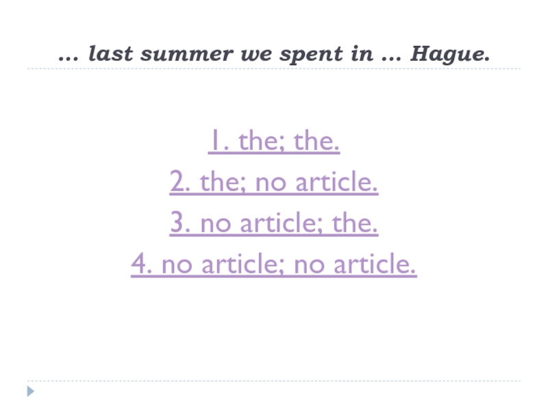 … last summer we spent in … Hague.1. the; the.2. the; no article.3. no article; the.4. no