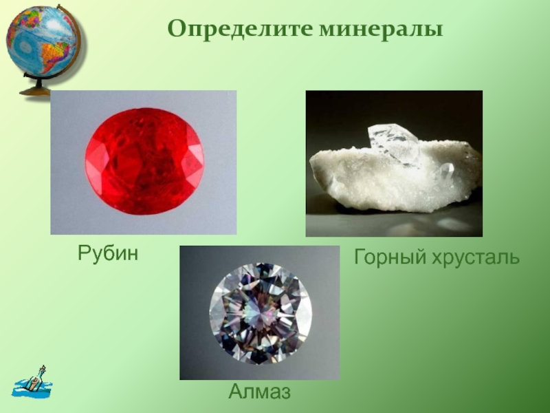 Определите минералыАлмазРубинГорный хрусталь