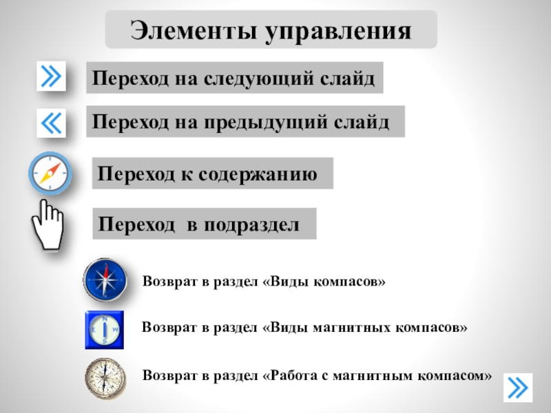 Управляющий переход. Переход к следующему слайду. Значок перейти на предыдущий слайд. Обесните название раздела 