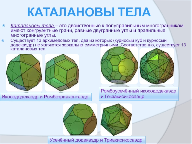 Самое длинное название геометрической фигуры. Архимедовы тела полуправильные многогранники. Каталановы многогранники. Пентагональный гексеконтаэдр. Архимедовы и Каталановы тела.