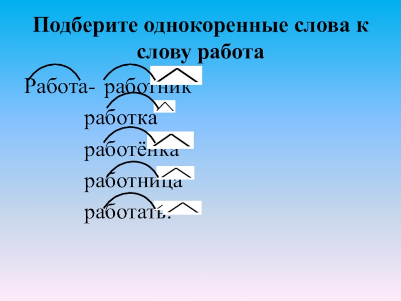 Подберите однокоренные слова к слову работа Работа- работник работка работёнка работница работать.