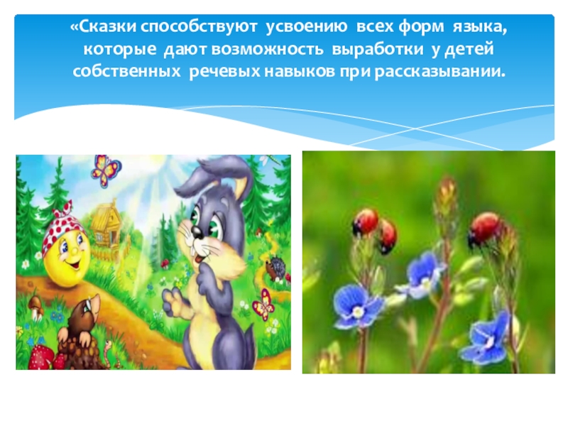 «Сказки способствуют усвоению всех форм языка, которые дают возможность выработки у детей собственных речевых навыков при рассказывании.