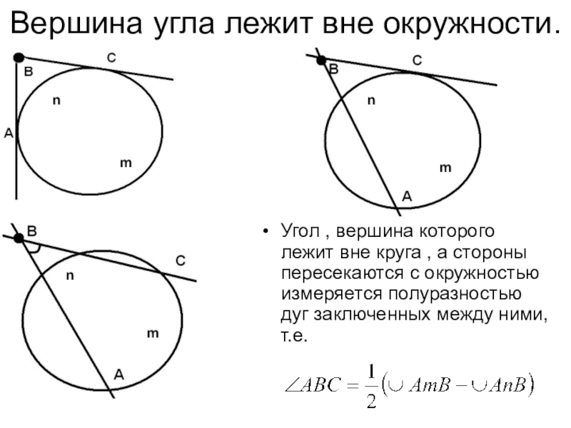 Лежащих вне окружности. Угол вне окружности. Угол, вершина которого расположена вне окружности. Угол вне окружности опирается на дугу. Углы в окружности.