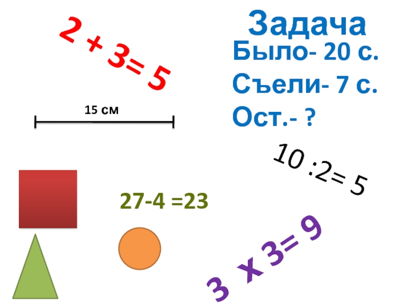 2 + 3= 53 х 3= 9ЗадачаБыло- 20 с.Съели- 7 с.Ост.- ?27-4 =2310 2= 515 см