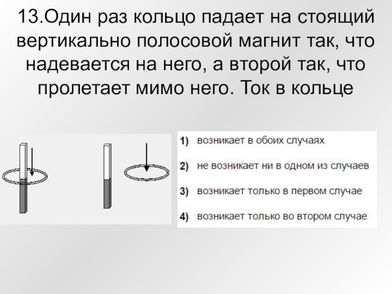 Северный полюс магнита удаляется от металлического кольца как показано на рисунке