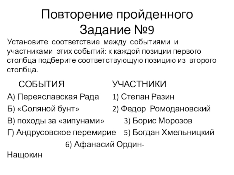 Установите соответствие между событиями и их участниками