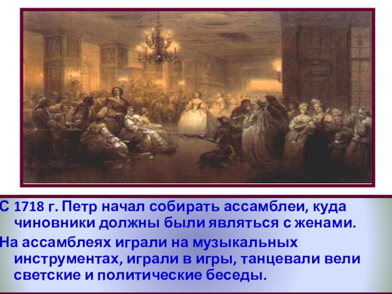 Начал собираться. 1718 Ассамблеи. Петр 1718. 1718 Год при Петре 1. Рассказ об ассамблее.