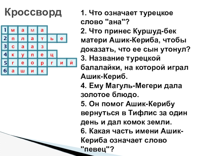 Кроссворд 1. Что означает турецкое слово 