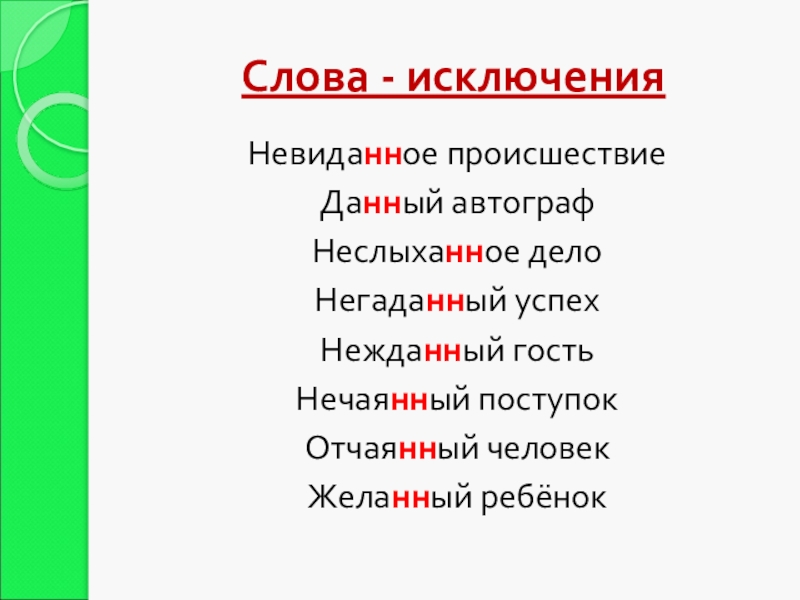 Слова - исключенияНевиданное происшествиеДанный автографНеслыханное делоНегаданный успехНежданный гостьНечаянный поступокОтчаянный человекЖеланный ребёнок