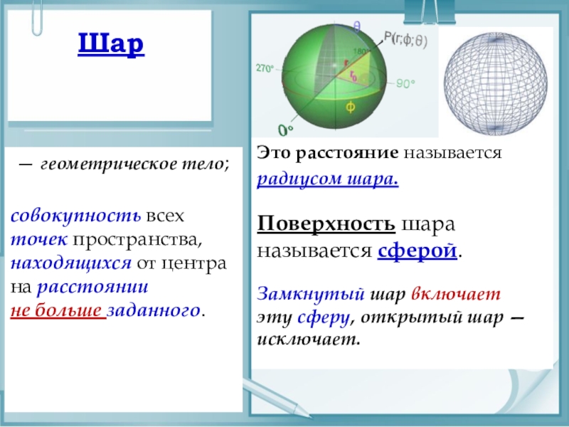 Поверхностью шара является. Элементы сферы и шара в геометрии. Шар геометрическое тело. Открытый шар в метрическом пространстве.