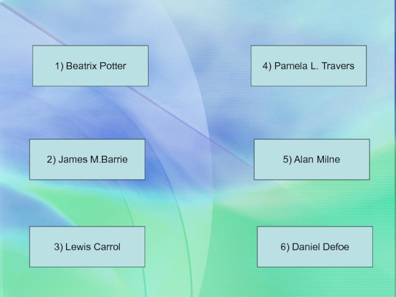 1) Beatrix Potter2) James M.Barrie3) Lewis Carrol4) Pamela L. Travers5) Alan Milne6) Daniel Defoe
