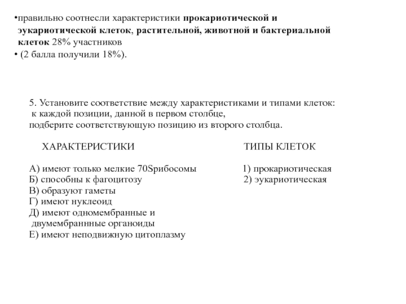 Установите соответствие между характеристиками и типами клеток