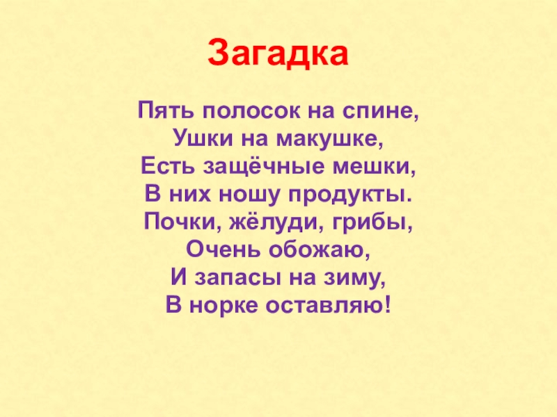 ЗагадкаПять полосок на спине,Ушки на макушке,Есть защёчные мешки,В них ношу продукты.Почки, жёлуди, грибы,Очень обожаю,И запасы на зиму,В