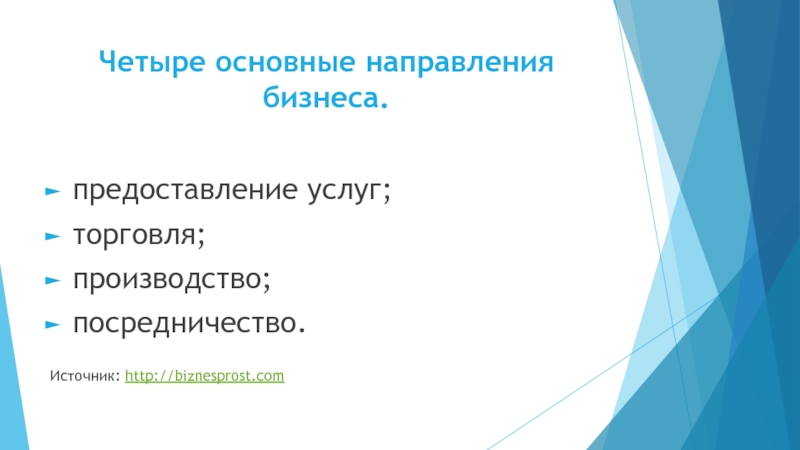 Четыре основные направления бизнеса. предоставление услуг;торговля;производство;посредничество. Источник: http://biznesprost.com