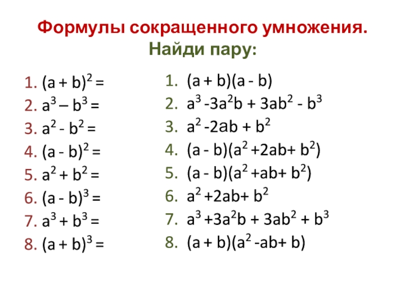 Повторение формулы сокращенного умножения 7 класс презентация