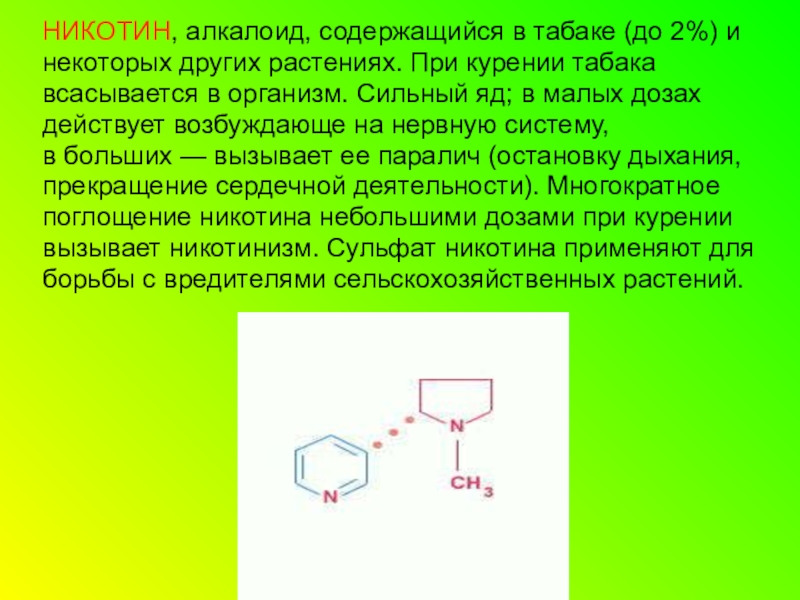 Никотин. Алкалоид никотин. Алкалоид табака никотин. Алкалоид содержащийся в табаке и некоторых других растениях. Сульфат никотина.