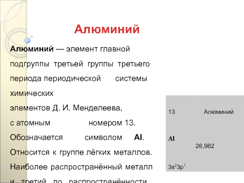 Дайте характеристику элементу алюминий по плану