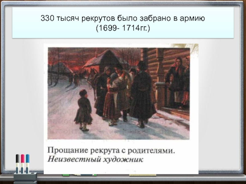 Тяготы реформ. Общество и государство тяготы реформ. Возвращение рекрута. 330 Тысяч рекрутов было забрано в армию (1699- 1714гг.). Забрали в рекруты.