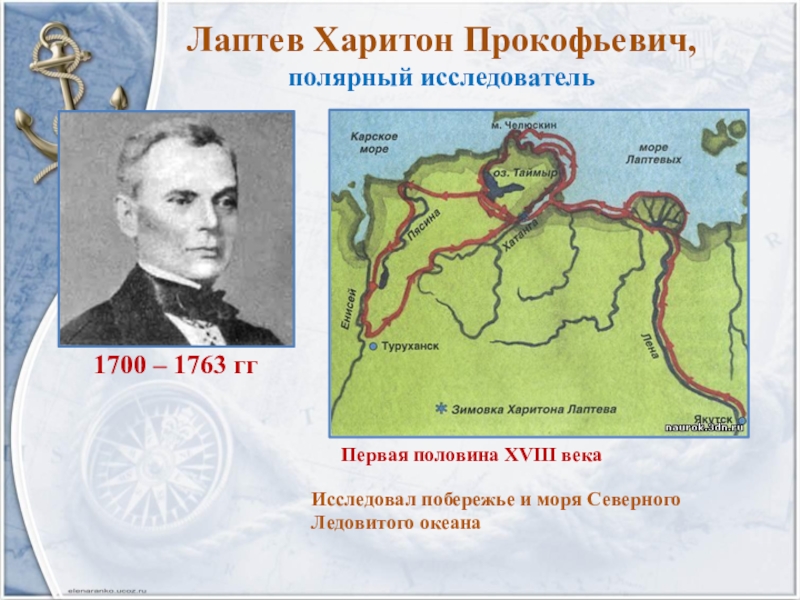Лаптев Харитон Прокофьевич,  полярный исследователь 1700 – 1763 ггИсследовал побережье и моря Северного Ледовитого океанаПервая половина