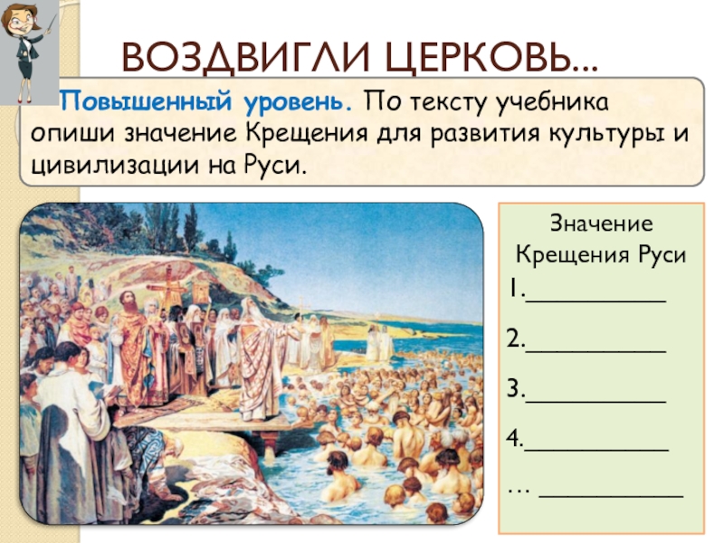 Повышенный уровень. По тексту учебника опиши значение Крещения для развития культуры и цивилизации на Руси.Значение Крещения Руси1._________2._________3._________