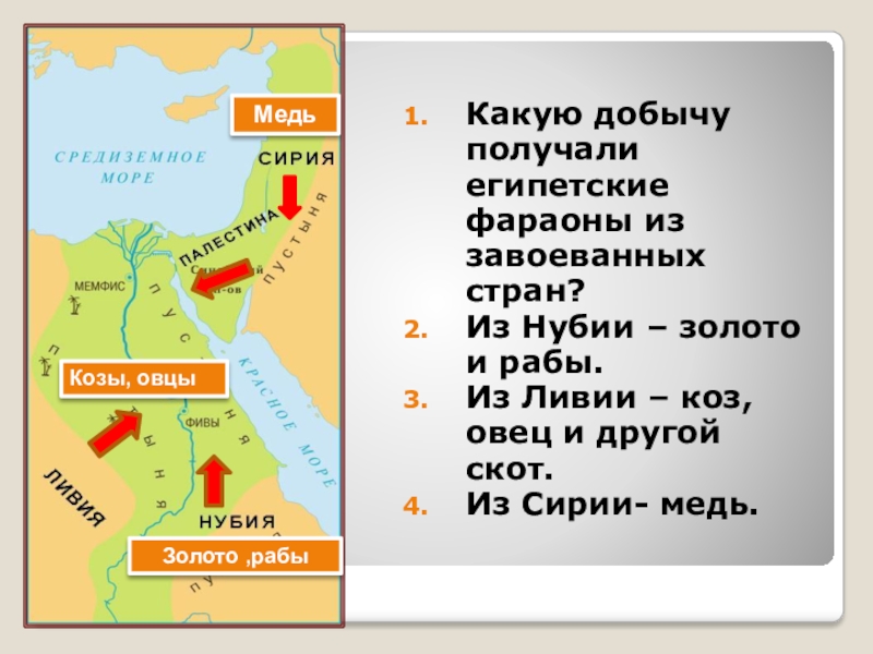 Какую добычу получали египетские фараоны из завоеванных стран?Из Нубии – золото и рабы.Из Ливии – коз, овец