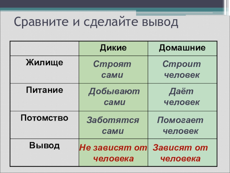 Сравните и сделайте выводСтроят самиЗаботятсясамиДаёт человекДобывают самиСтроит человекПомогает человекНе зависят отчеловекаЗависят отчеловека