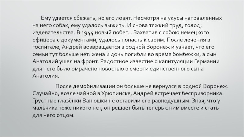     Ему удается сбежать, но его ловят. Несмотря на укусы натравленных