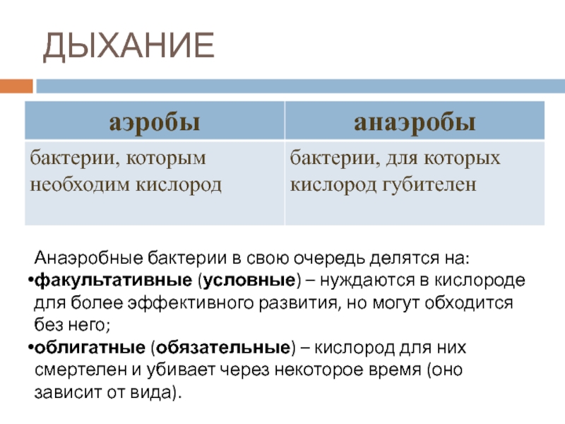 ДЫХАНИЕАнаэробные бактерии в свою очередь делятся на:факультативные (условные) – нуждаются в кислороде для более эффективного развития, но