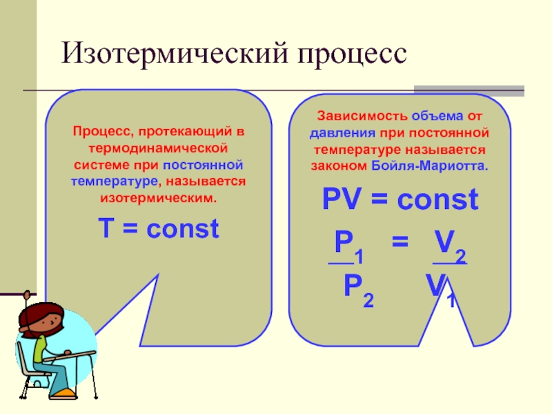 Изотермический процессПроцесс, протекающий в термодинамической системе при постоянной температуре, называется изотермическим.T = constЗависимость объема от давления при
