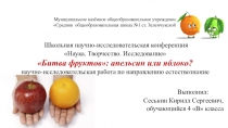 Презентация. Школьная научно-исследовательская конференцияНаука. Творчество. Исследование.Битва фруктов: апельсин или яблоко? (3-4 класс)