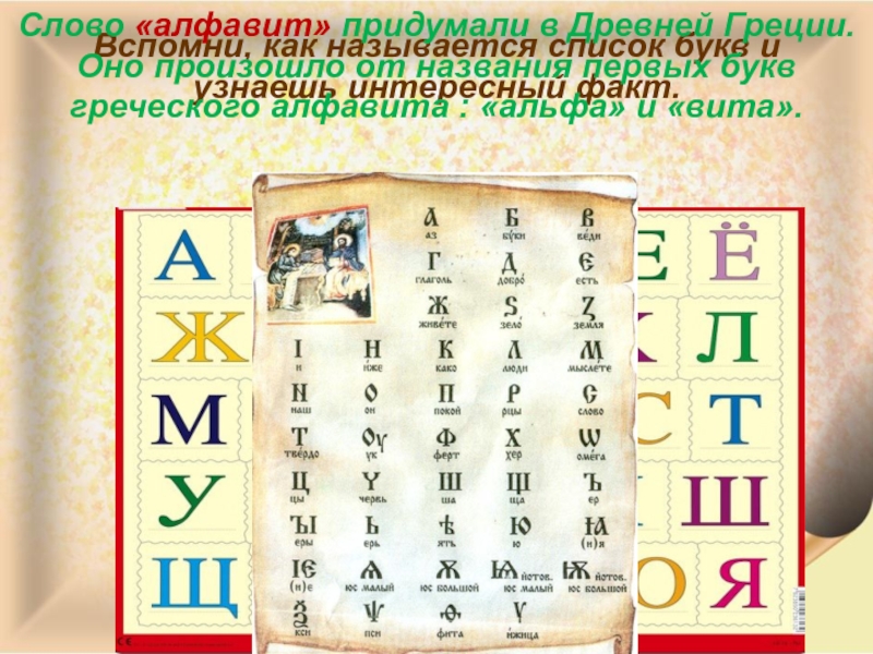 Вспомни, как называется список букв и узнаешь интересный факт.Слово «алфавит» придумали в Древней Греции. Оно произошло от