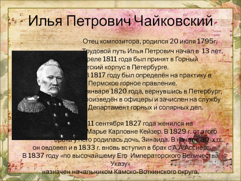 Чайковский интересно. Илья Петрович Чайковский. Отец Петра Чайковского. Папа Петра Ильича Чайковского. Илья Петрович Чайковский отец композитора.