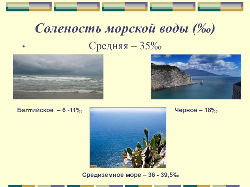 Соленость морской воды (‰)           Средняя – 35‰