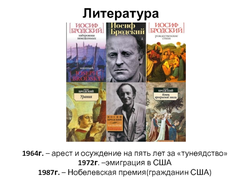 Премия гражданин. Литература 1964. Осуждение Бродского за тунеядство на 5 лет. Литература 1960-1980 Бродский.