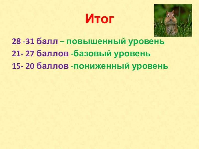 Итог28 -31 балл – повышенный уровень21- 27 баллов -базовый уровень15- 20 баллов -пониженный уровень