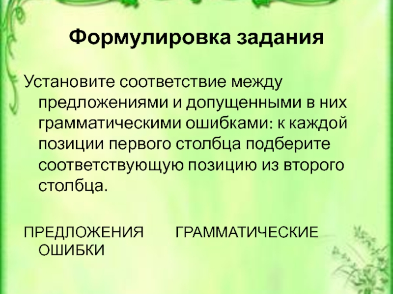 Формулировка заданияУстановите соответствие между предложениями и допущенными в них грамматическими ошибками: к каждой позиции первого столбца подберите