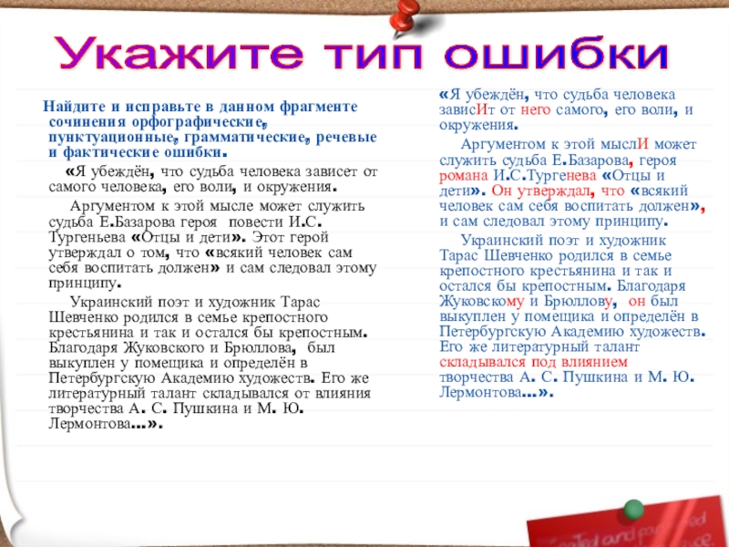 Найдите и исправьте в данном фрагменте сочинения орфографические, пунктуационные, грамматические, речевые и фактические ошибки.