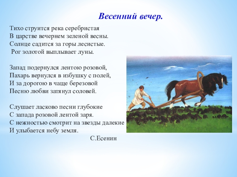 Пахарь стих. Есенин весенний вечер стих. Тихо струится река серебристая в царстве Вечернем зеленой. Сергей Есенин стихи весенний вечер. Тихо струится река.